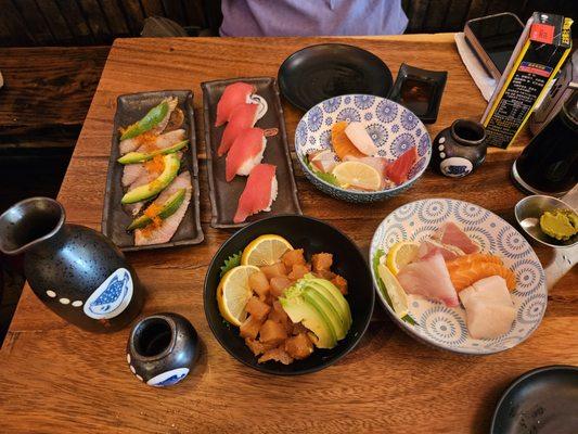 sashimi platter, hamachi truffle carpaccio, poke (don't get!!) and tuna nigiri (don't get!)