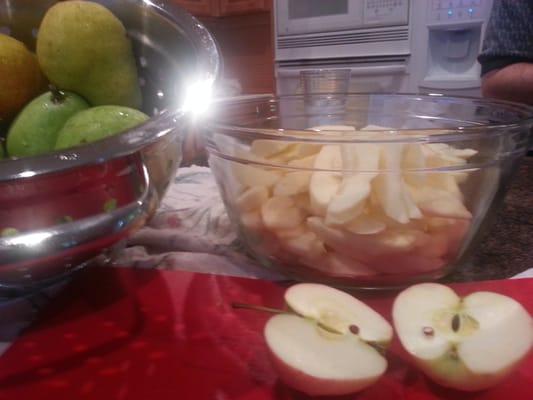 Csa share pears and apples ( piled up over 3 weeks) destined for dessert.