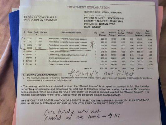 Treatment plan showing 4 cavities to be filled and 3 crowns. No cavities were filled.