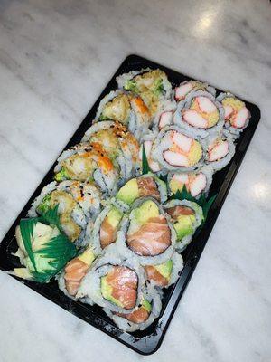 Takeout! Shrimp Tempura Roll, Salmon Avocado Roll, and Crunchy Roll