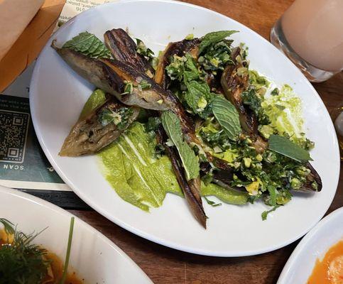 Italian Eggplant with a Pistachio Gremolata, Tahini Verde, & green olives.