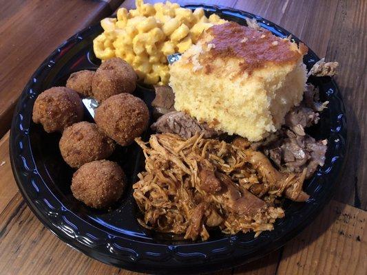 Southern Sampler (comes with Cornbread + choice of two sides-- I chose the Hushpuppies and Mac n Cheese)