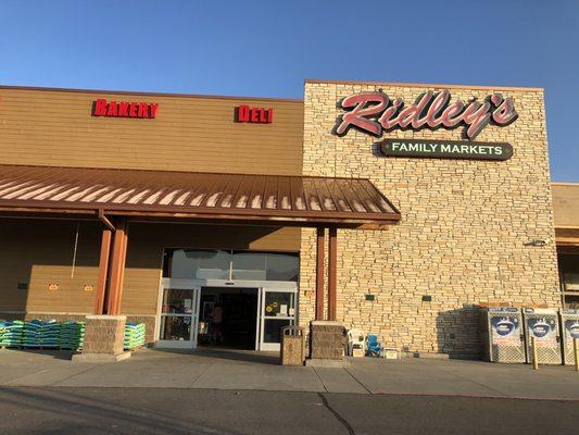 The outside front of the Ridley's Family Market, showcasing their logo/signage