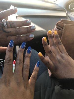 3 happy hands. Silver mood gel set, yellow dip mani and royal blue refill.