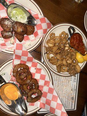 Cacio e Pepe Bites, Squash Rings, Crispy Calamari