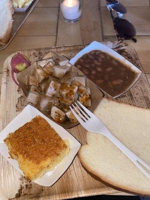 bbq tofu with beans and cornbread