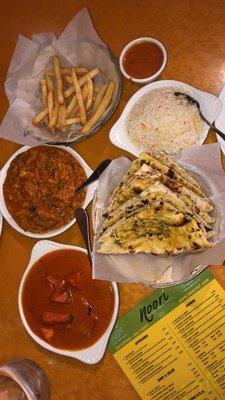 Chicken Tikka Masala, rice, garlic naan, fries