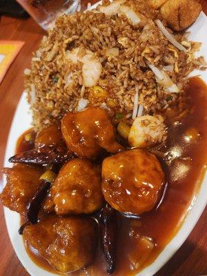 Kung po chicken and shrimp fried rice