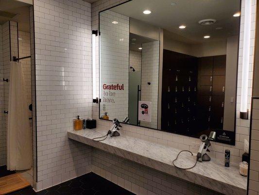 Vanity area. Hair drying, lotion, and Q-tips.