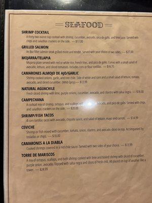 Seafood menu