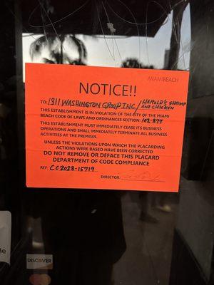 Notice of closure for violations by City of Miami