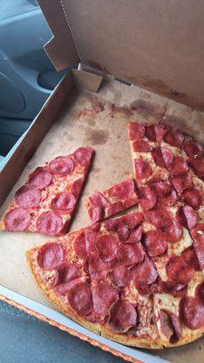 Irregular pieces and dried out pepperoni