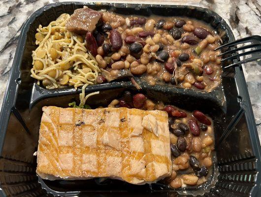 Bistro meal: salmon, Thai noodles, and bean medley (made with brisket).