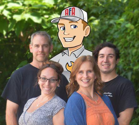 Meet our team! Ben, Ari, Claire, Andrew and our AFA mascot!