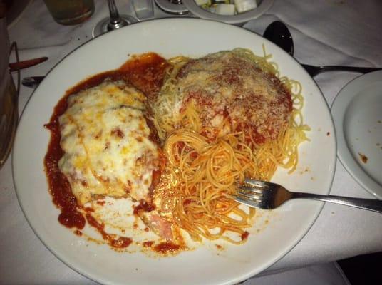 Stuffed veal parmigiana. Stuffed with ham and ricotta. Comes with choice of pasta or veg along with a house salad