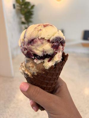 Double scoop cone: goat cheese bramble berry pie & magic city