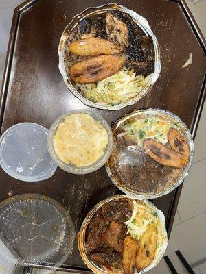 Mac & Cheese Medium Jerk Chicken Medium Brown Stew Chickenchicken sweet Plantains Cabbage Rice and Peas