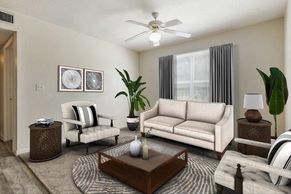 Virtually staged living room with couch, chair, coffee table, multi speed ceiling fan, and wall art