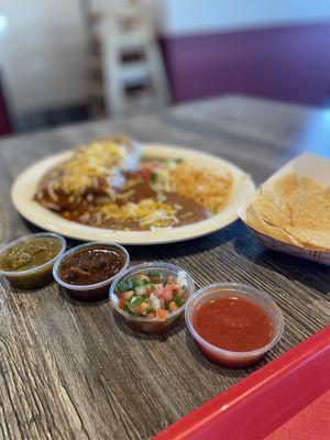 Variety of condiments... pico de gallo , hot sauce (medium heat), salsa de tomatillo and salsa asada