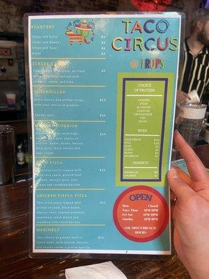 Taco circus menu