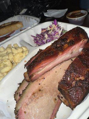 2 meat plate with ribs and brisket with mac n cheese and slaw