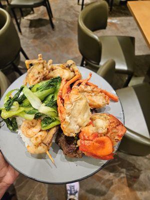 Bok choy, lobster, softshell crab, grilled shrimp, lamb chop