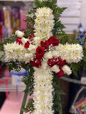 Custom flower cross with elegant White Cushion & Red and white roses