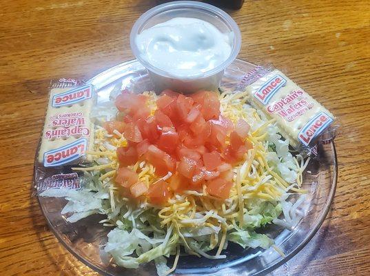 House salad with giant cup of homemade Bleu Cheese and Captains Wafers, Bravo!