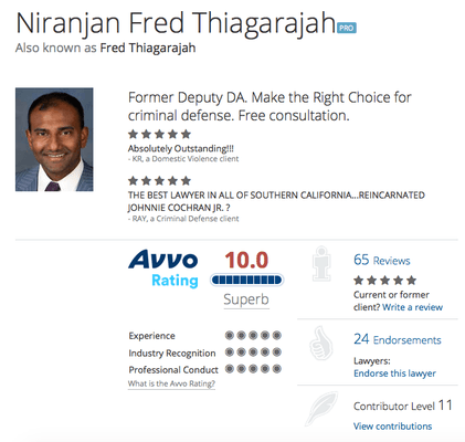 Avvo, the world's largest legal directory, has given Fred Thiagarajah a perfect 10 rating for criminal defense in California.