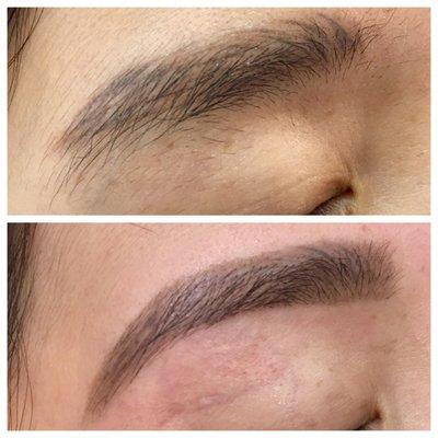 Brows by Christina Shaped using the high arch stencil and filled in areas that were not previously microbladed W/brow wiz pencil