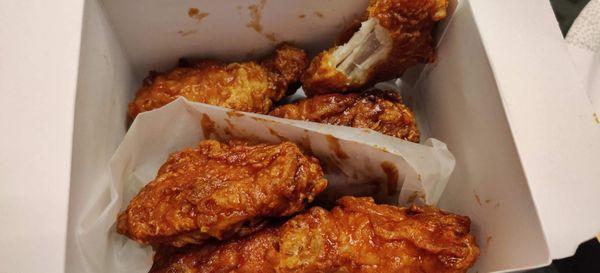 Four wings, two drums, half soy garlic, half spicy!