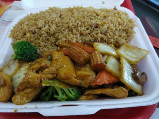 Chicken with mixed vegetables and pork fried rice