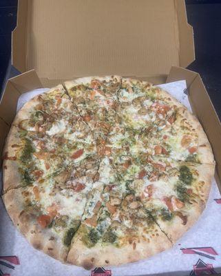 Try our chicken pesto pizza call now