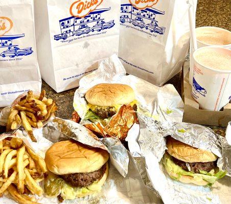 Iconic meal of cheap, fast, good enough burgers, handcut limpy fries & thick shakes. 2 Dick's Specials (front) & 1 Deluxe burger (back)