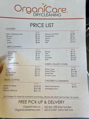 Price list, menu of services