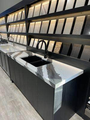 Countertop, sink and faucet displays showcase different finishes, edges and styles.