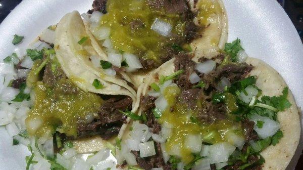 Cabeza ($1.75) - meat tender but underseasoned with greasy tortillas which made it hard to handle. Had to add more of the tasty green salsa