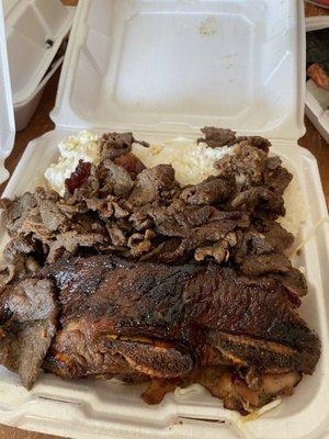 Kaibi Short Ribs and bbq mix combo.  A lot of rice and macaroni salad.