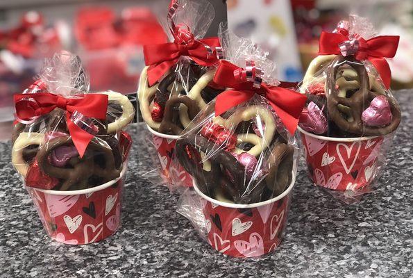 Valentine's Cup of Love ..Chocolate Pretzels & foiled chocolate hearts