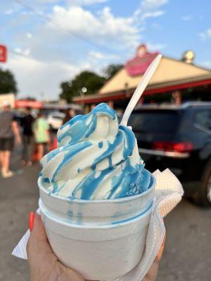 Excellent soft serve! With a blue raspberry dancing shell