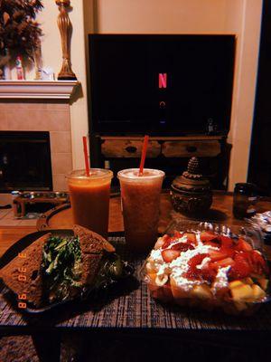 Citrus Cooler Smoothie and Strawberry Mango Smoothie with Roasted Chicken Sandwich and Fruit Salad