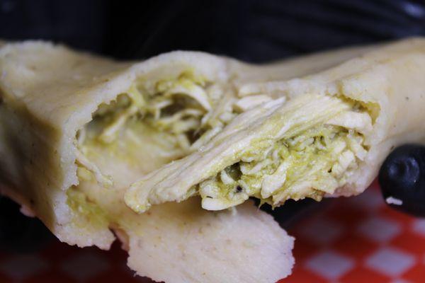 Tamal de pollo, chicken in green salsa.