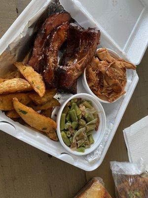 1/3 rack ribs + pulled chicken combo.  Parsley potatoes and green beans