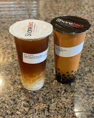 peach tea with lychee jelly & Thai tea with boba