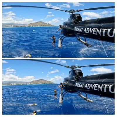 Helicopter jump by 7 and 11 y.o. (top) with Doug flying chopper, Steve hanging out to assist with jump, and two safety divers below.