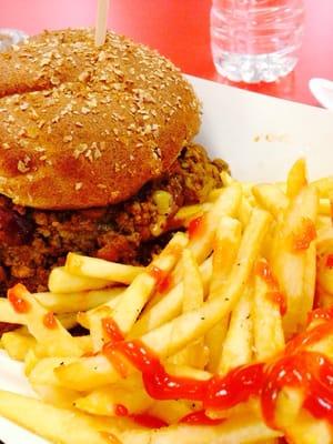 Daily special: sloppy joe style burger with house made chutney aioli, shoestring fries & spicy ketchup