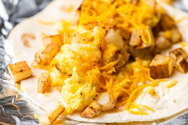 potato, cheese, egg breakfast taco