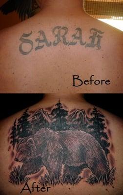 Name Coverup with Bear Tattoo