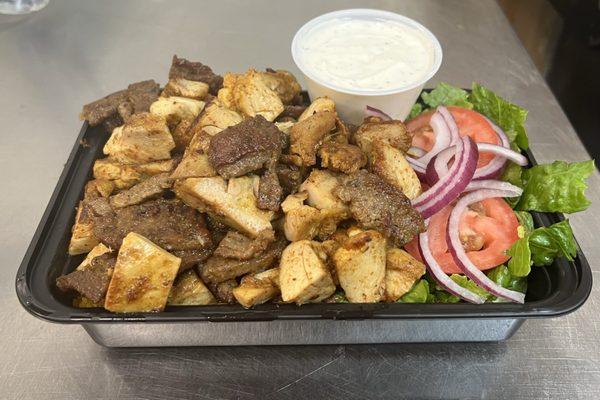 Lamb & chicken over rice and salad