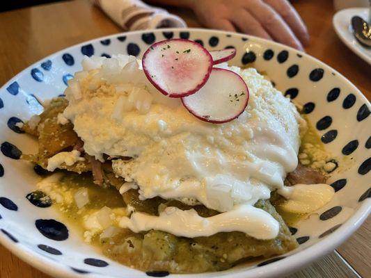 chilaquiles- some times it's seasonal red sauce and sometimes it's seasonal green sauce. Either way, the roasted pork is delicious on this